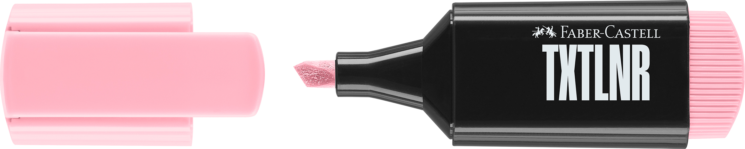 Ein pinker Textmarker mit einer spitzen Spitze. Der Deckel ist ebenfalls pink und hat eine glatte Oberfläche.