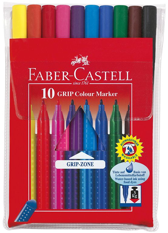 Set mit zehn Faber-Castell Grip Filzstiften in verschiedenen Farben. Die Stifte haben eine rutschfeste Griffzone.