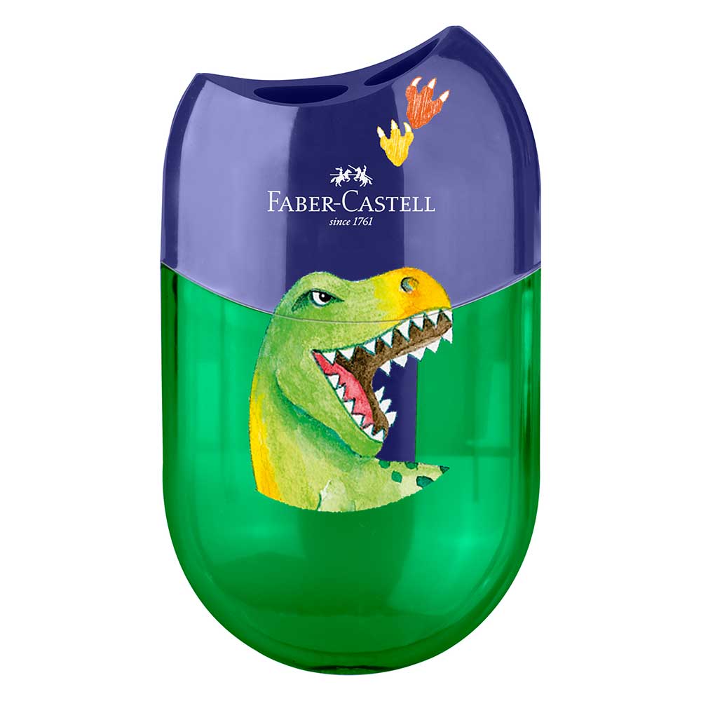 Grüner Anspitzer mit einem blauen Deckel. Auf der Vorderseite ein Dinosaurier-Motiv.