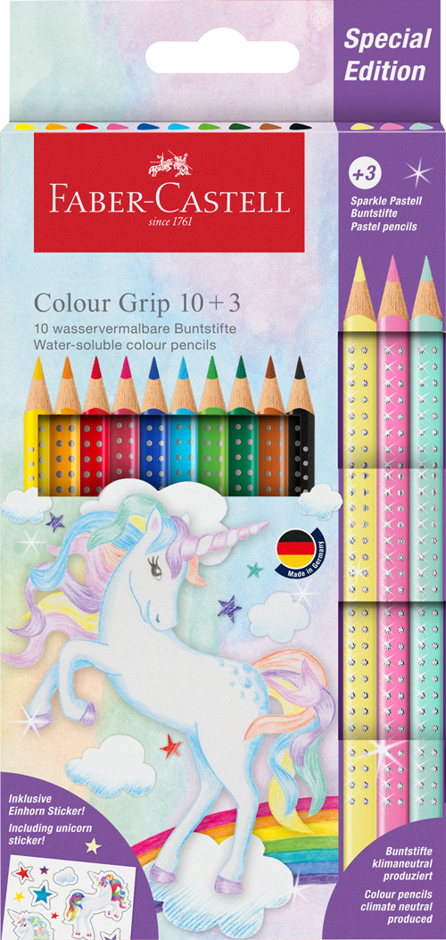 Packung mit 10 wasservermalbaren Buntstiften und 3 zusätzlichen Pastellstiften. Enthält Einhorn-Sticker und ein buntes Einhorn-Motiv.
