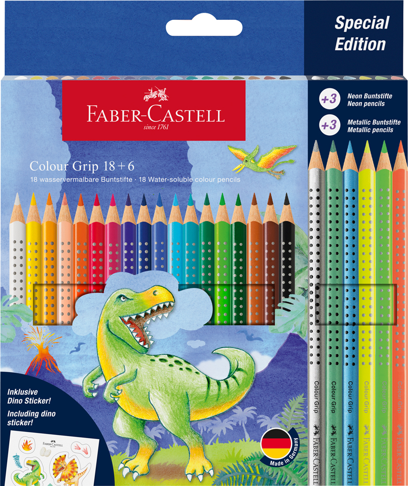 Set mit 18 wasservermalbaren Buntstiften und 6 zusätzlichen Neon- und Metallicstiften. Enthält einen Dino-Aufkleber.