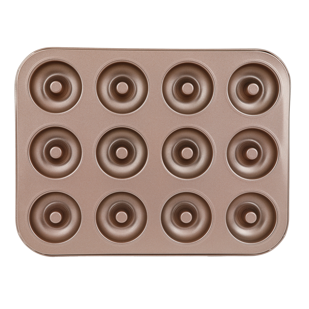 Backform für Donuts mit zwölf Vertiefungen. Metallisch braune Farbe.