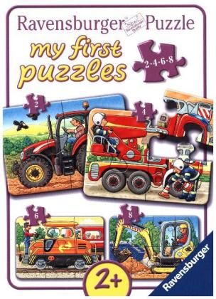 Puzzle mit verschiedenen Fahrzeugen. Enthält Traktor, Lkw und Feuerwehr.