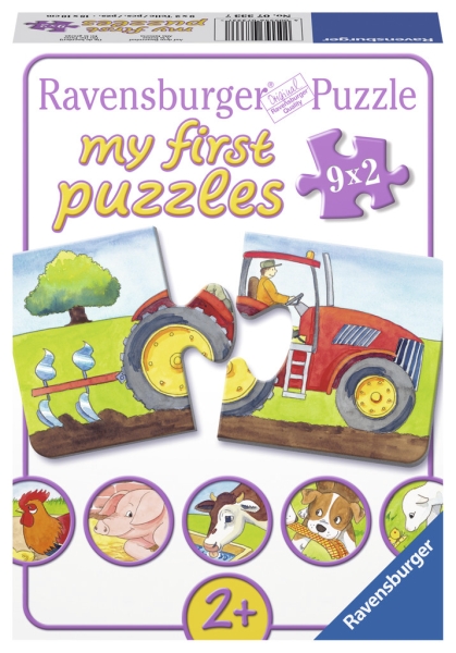 Puzzle mit einem Traktor und einer Landschaft. Enthält tierische Motive wie Huhn und Kuh.