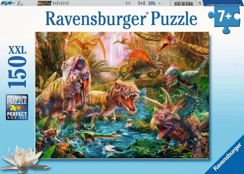 Puzzle mit Dinosauriern in einem Dschungel. Bunte Darstellung von verschiedenen Dino-Arten.