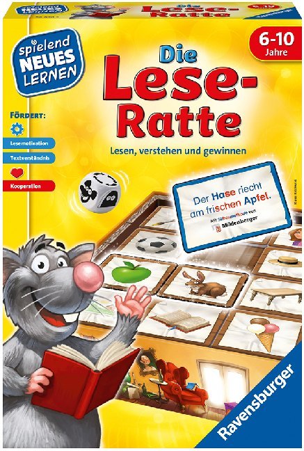 Spielverpackung für 'Die Lese-Ratte'. Bietet Lernspiel für Kinder von 6 bis 10 Jahren.