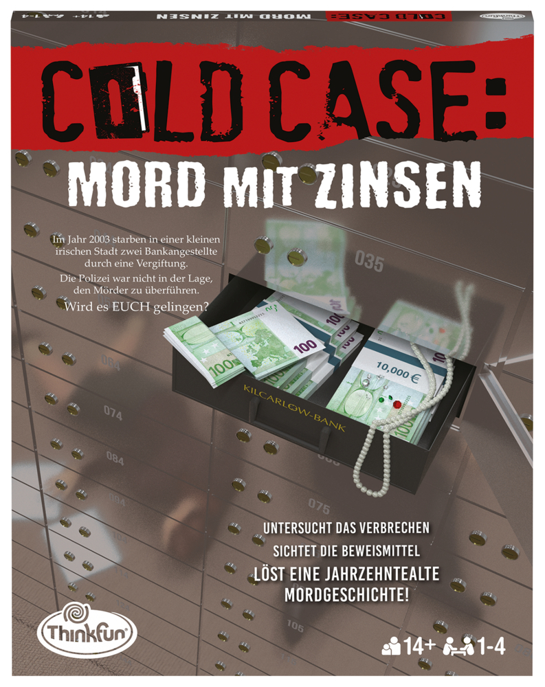 Spielcover für 'Cold Case: Mord mit Zinsen'. Abbildung eines Geldkoffers mit Geldscheinen und einem Banktresor.