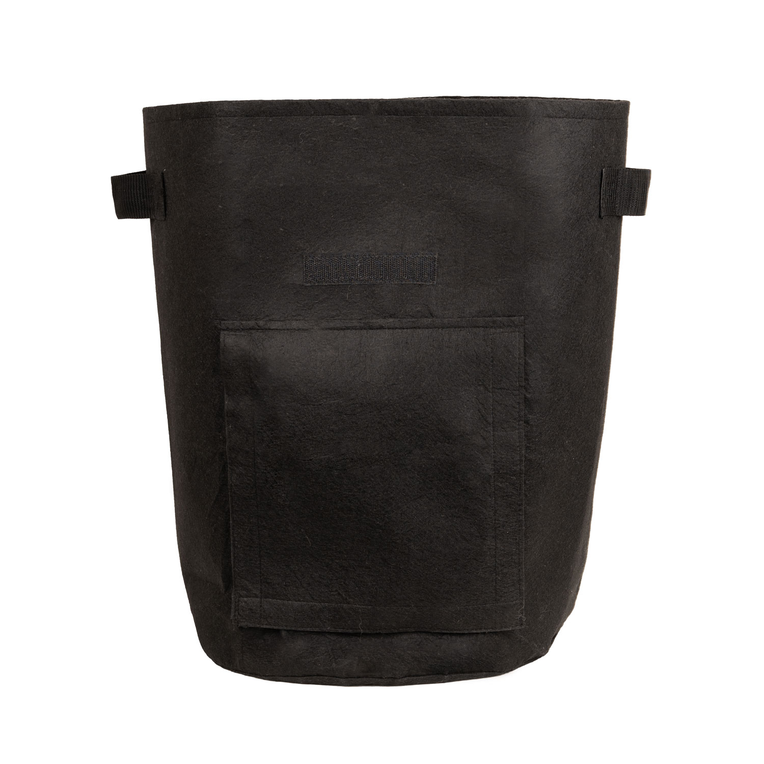 Schwarze Aufbewahrungstasche aus festem Material. Hat zwei Griffe und eine kleine Tasche vorne.