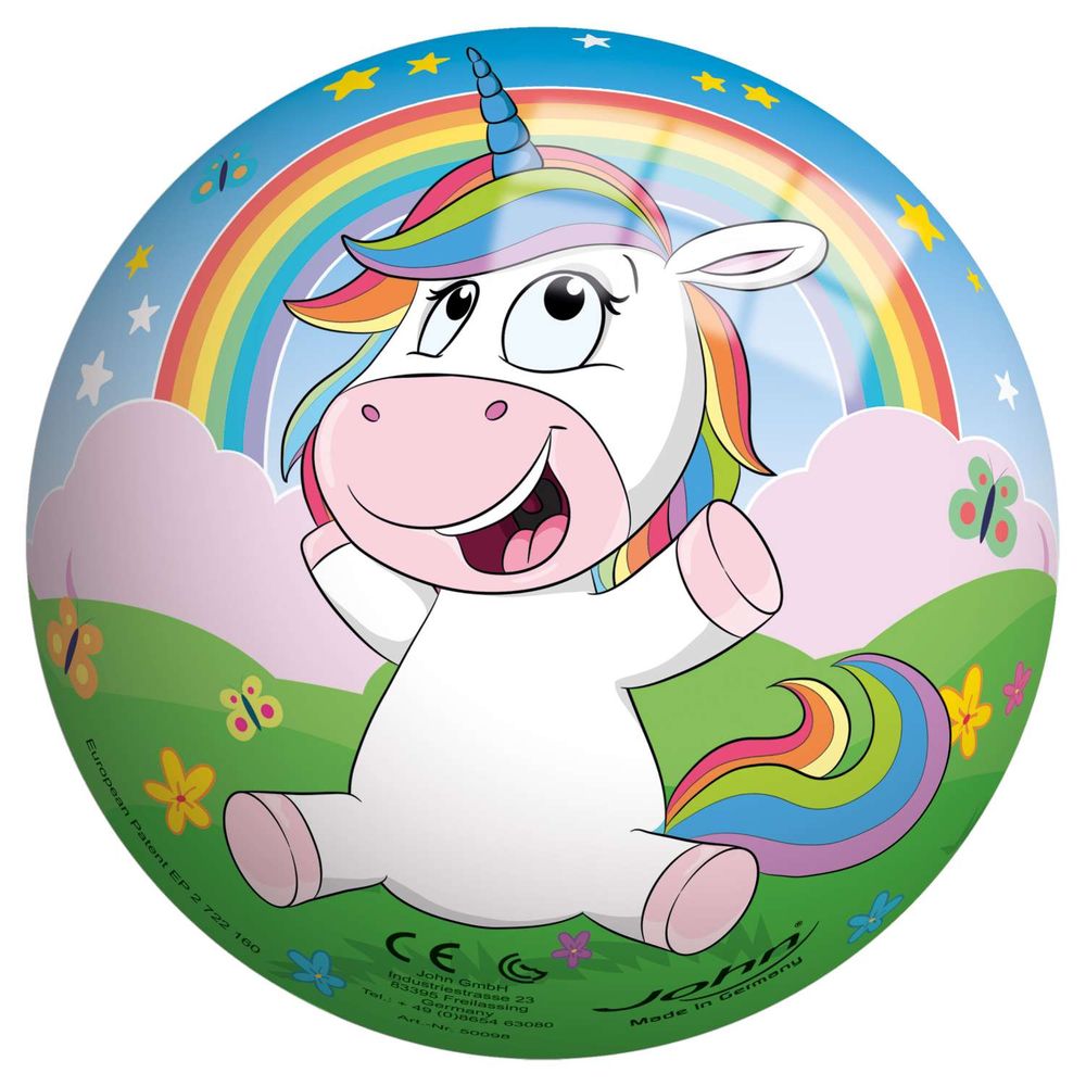 Bunte, cartoonartige Darstellung eines Einhorns mit Regenbogenmähne. Hintergrund mit Regenbogen und Blumen.