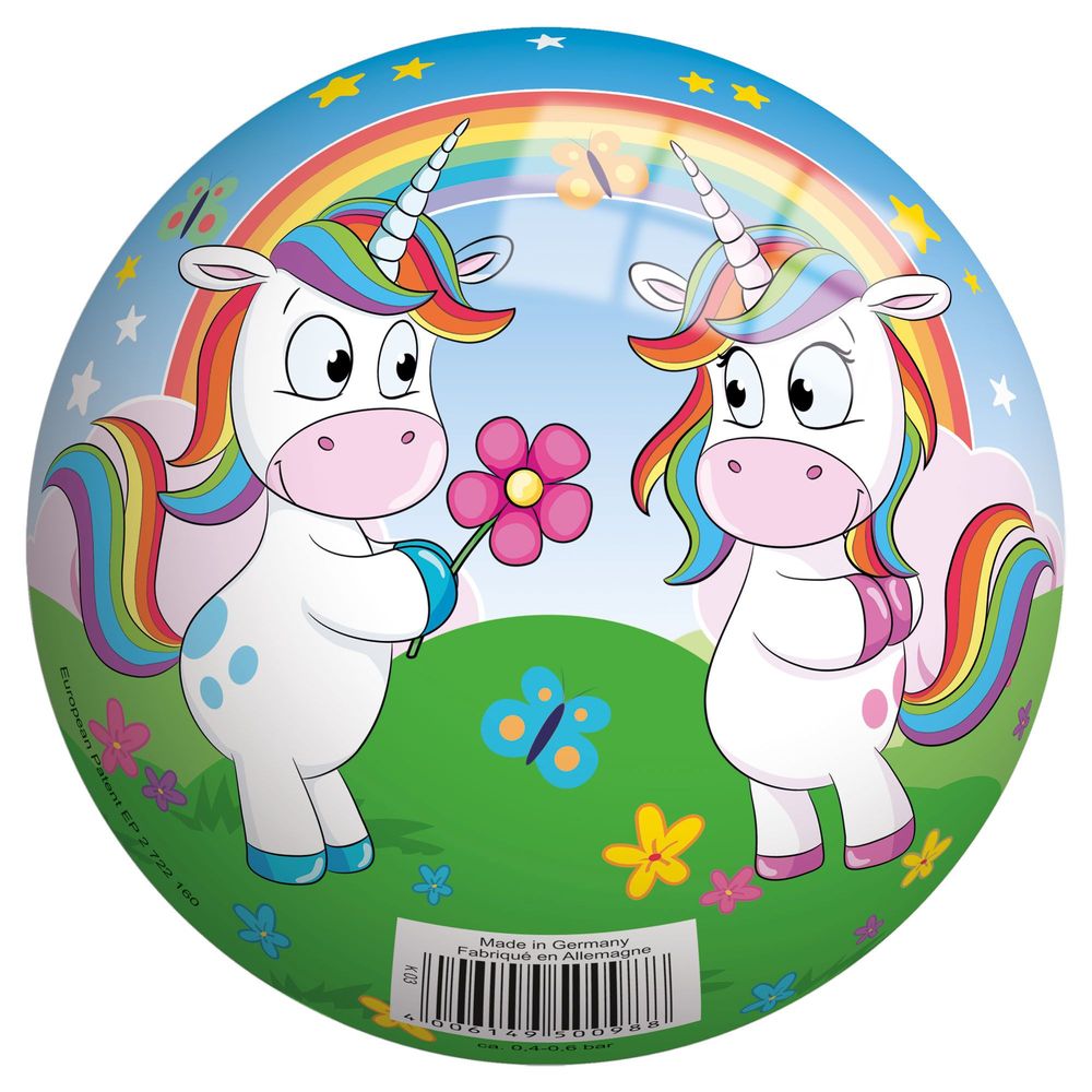 Runde Ball mit zwei bunten Einhörnern. Ein Einhorn hält eine Blume. Heller Hintergrund mit Regenbogen und Schmetterlingen.