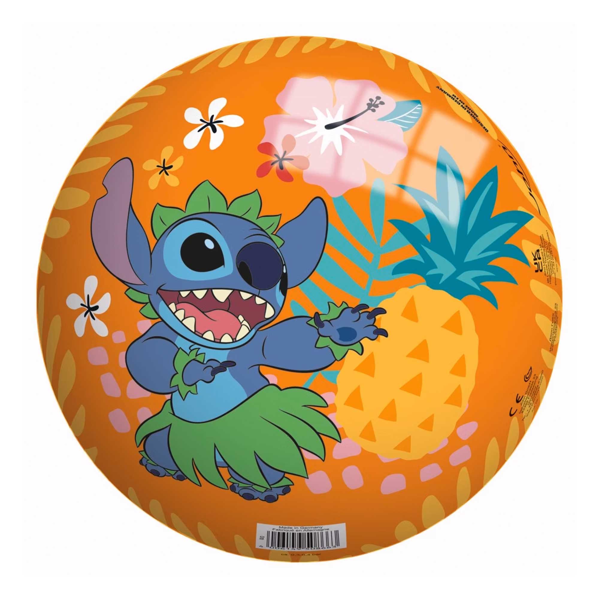 Runde Ball mit orangefarbener Oberfläche. Abbildung von einem blauen, fröhlichen Charakter mit Grasrock und Ananas.