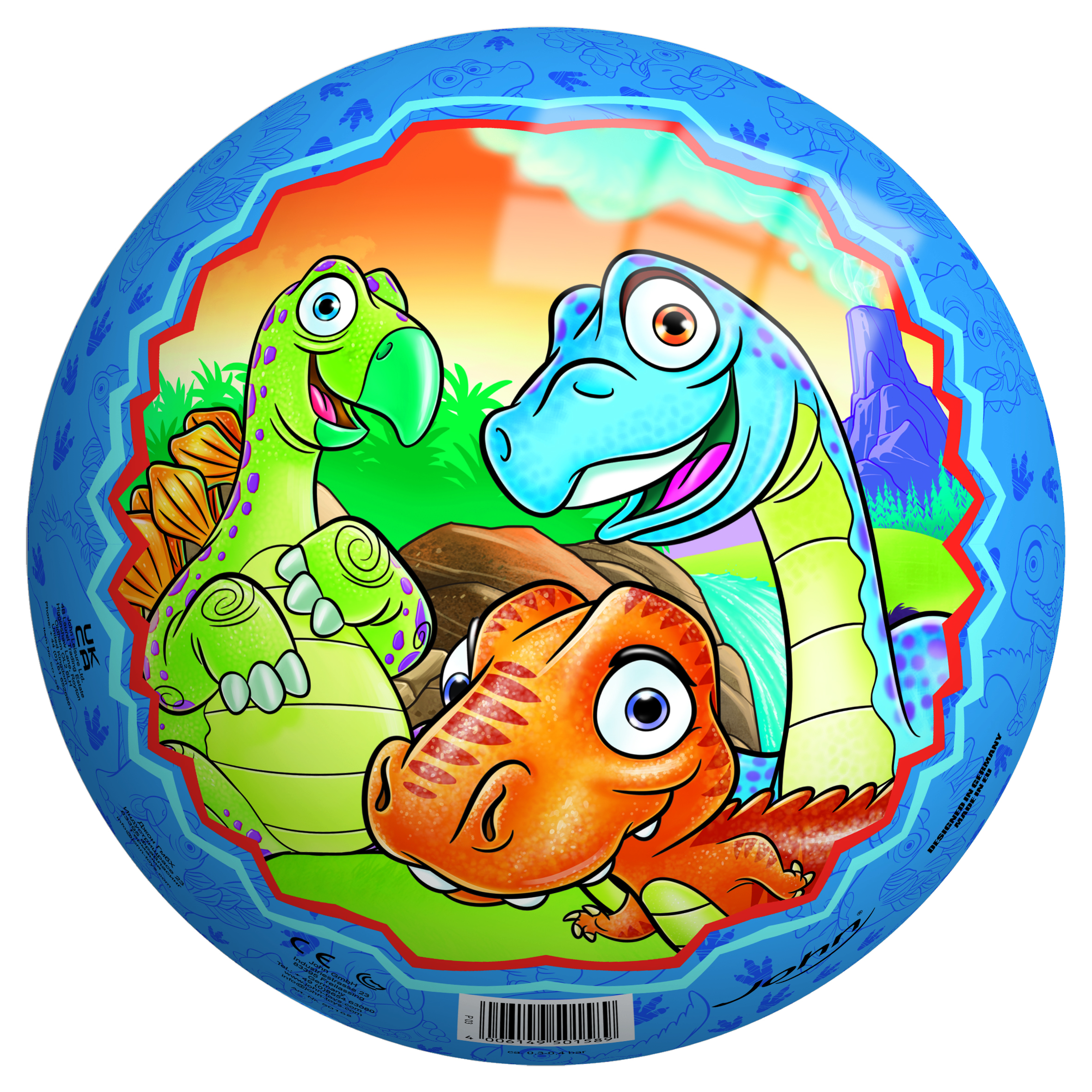 Bunte Ball mit cartoonhaften Dinosauriern. Drei fröhliche Dinos auf einem farbenfrohen Hintergrund.