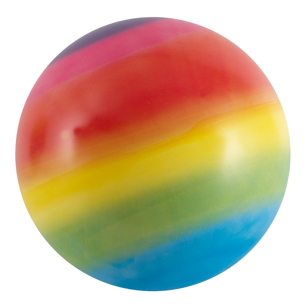 runder Ball in Regenbogenfarben. Farbverlauf von Rot über Gelb zu Blau. Glatte Oberfläche.