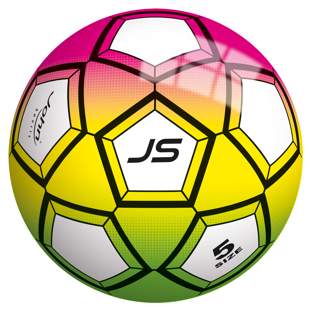 bunter Fußball, Größe 5. Farbverlauf von Pink zu Gelb und Grün. Sechseckige Panels mit schwarzer Umrandung. Logo 'JS' auf der Oberfläche.