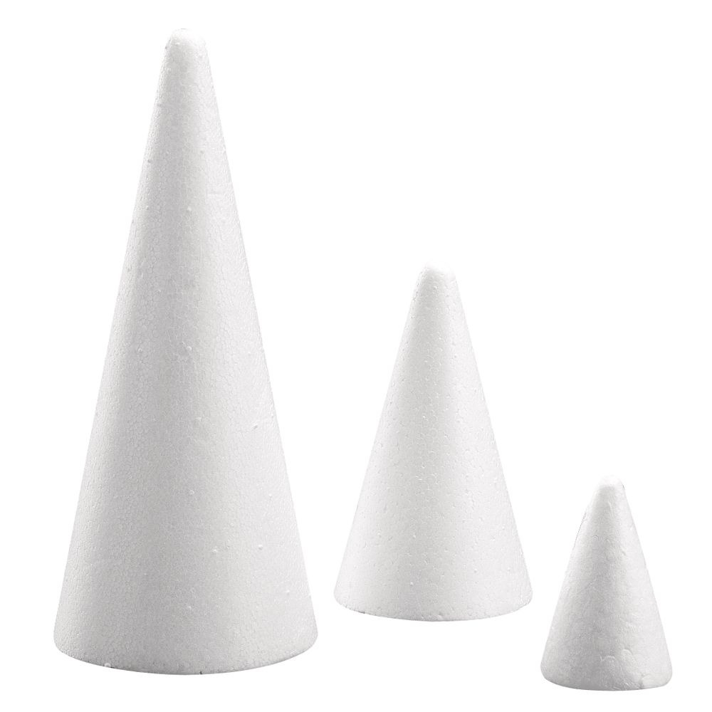 Drei weiße Kegel aus Styropor in unterschiedlichen Größen. Sie sind glatt und haben eine konische Form.