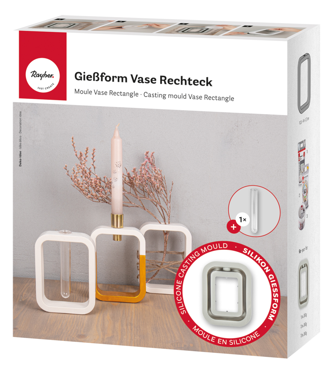 Verpackung für eine rechteckige Gießform für Vasen. Enthält eine Silikonform und zeigt Beispiele für fertige Vasen.