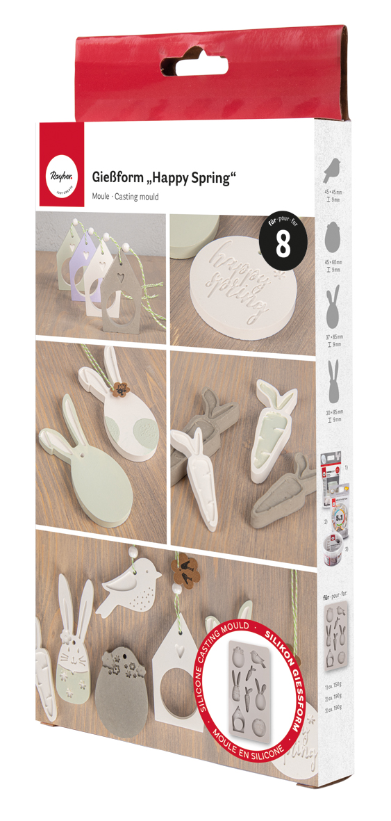 Silicon Gießform mit verschiedenen Frühlingsmotiven. Enthält Formen für Hasen, Vögel und Karotten.