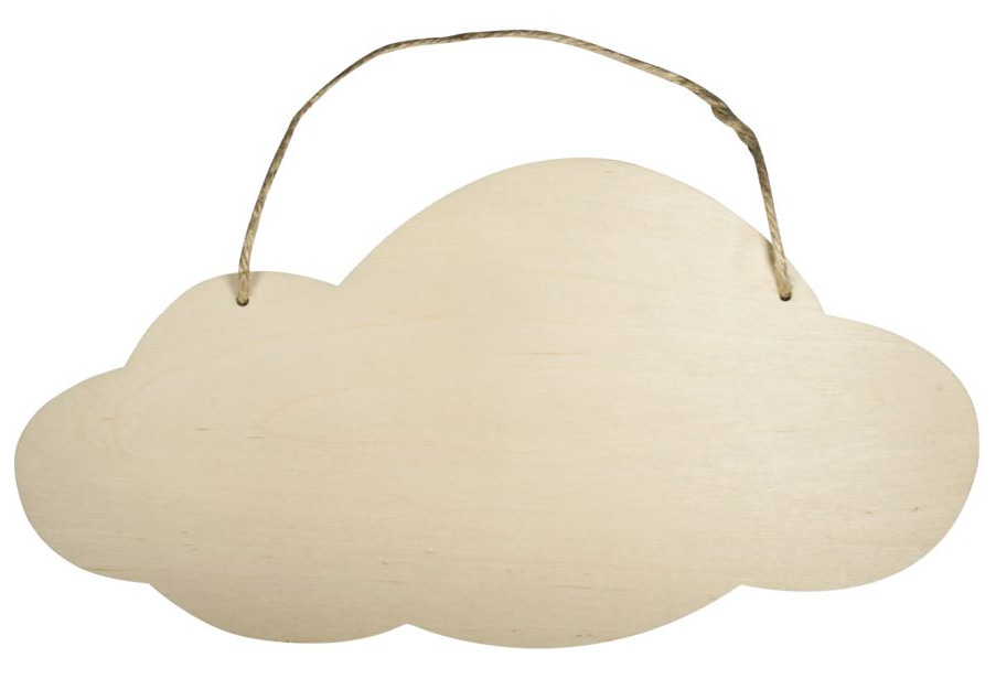 Holzschild in Wolkenform. Unlackiert, beige. Mit einer Schnur zum Aufhängen.