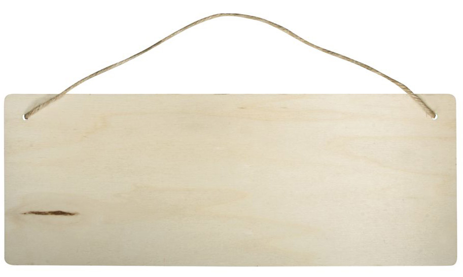 Holzschild ohne Beschriftung. Es hat eine Schnur zum Aufhängen.