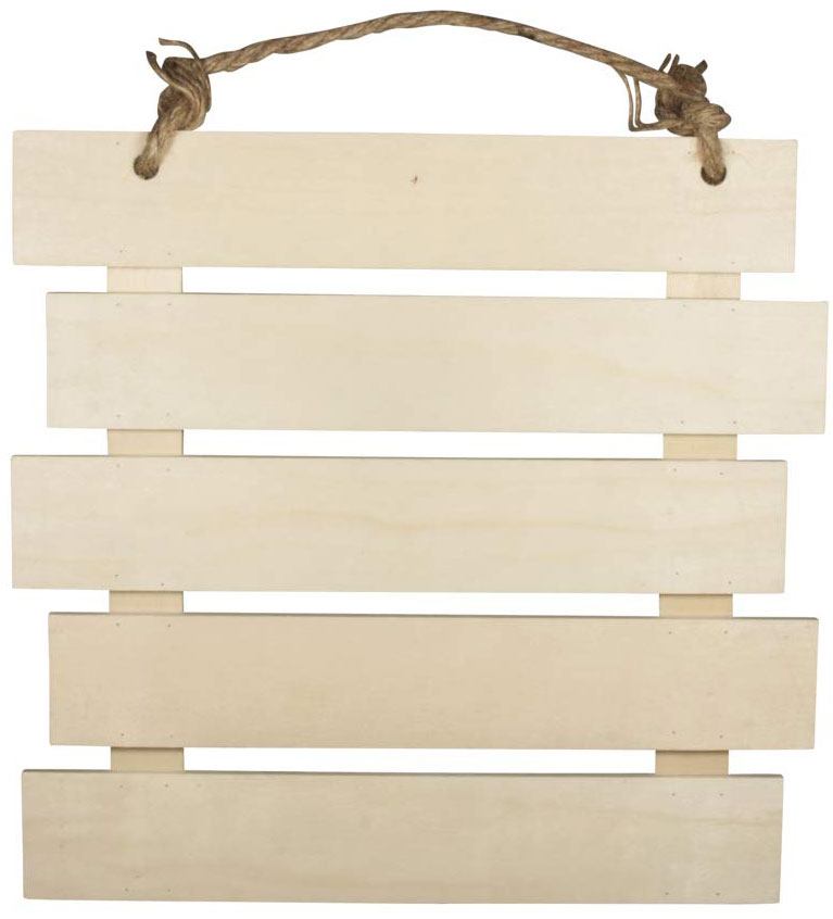 Holzschild mit fünf horizontalen Planken. Mit einem Seil zum Aufhängen.