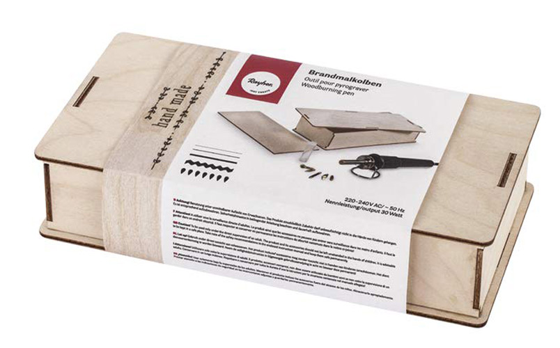 Holzkiste für Brandmalerei. Enthält ein Brandmalgerät und Zubehör.