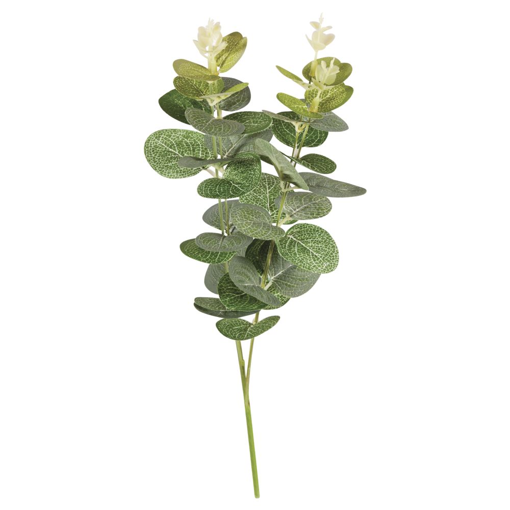 Künstlicher Zweig mit grünen Blättern und kleinen weißen Blüten. Die Blätter haben eine strukturierte Oberfläche.