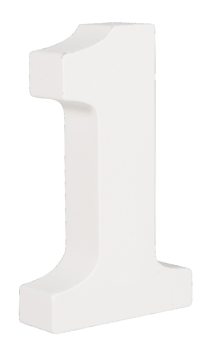 weiße Zahl '1' aus einem stabilen Material. Schlichte, moderne Form. Steht aufrecht.