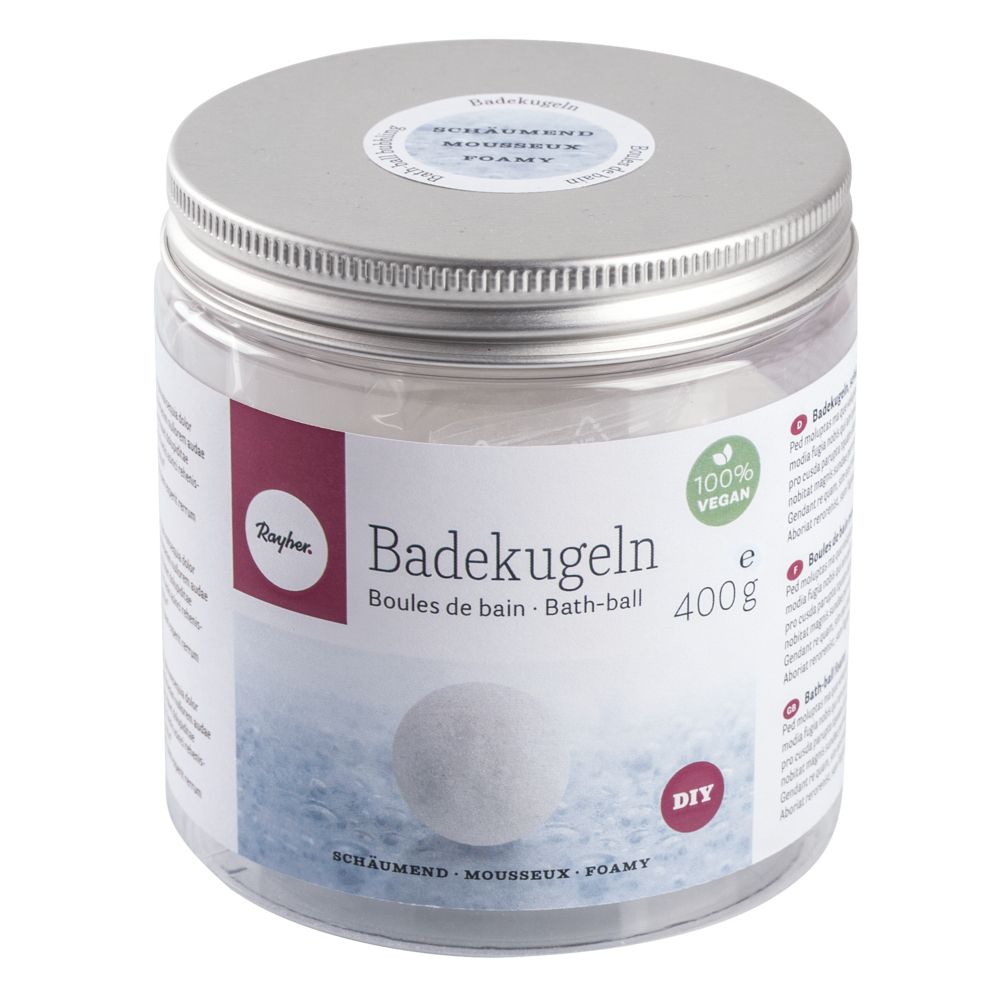 Transparente Dose mit Badekugeln. Inhalt 400g, vegan, schäumend.