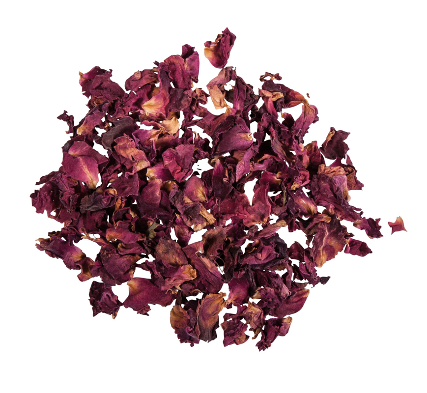 Getrocknete rote Rosenblätter. Sie sind lose und unregelmäßig verteilt.