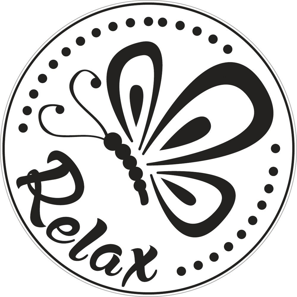 Runde Grafik mit einem stilisierten Schmetterling. Schriftzug 'Relax' in geschwungener Schrift. Schwarz-weißes Design.