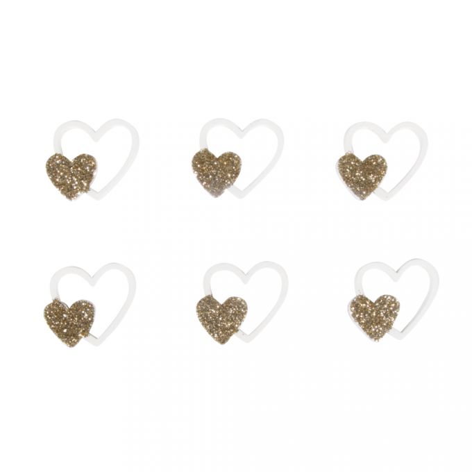 Sechs Haarklammern in Herzform. Transparent mit glitzerndem goldenen Herzen. Einfache, verspielte Designs.