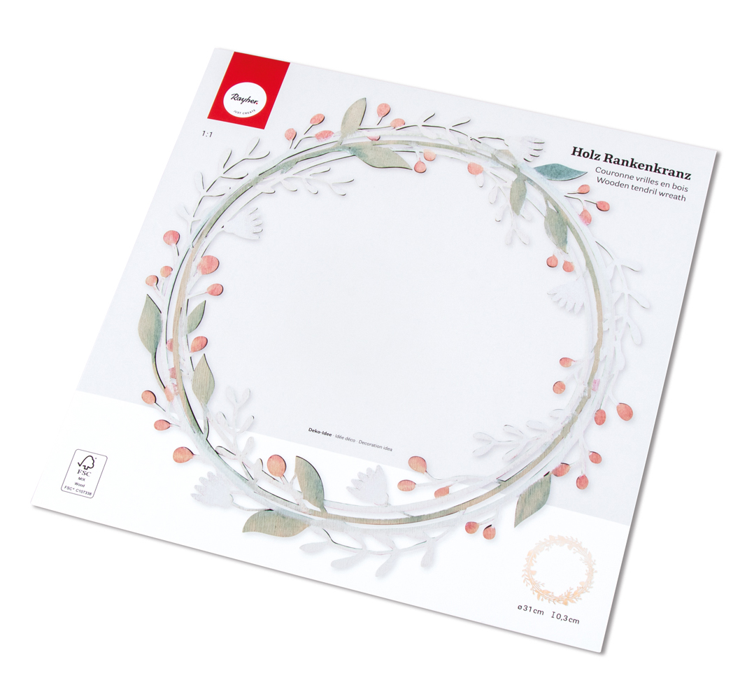Holzkranz mit floralen Motiven in sanften Farben. Verpackung zeigt eine runde Form mit Blättern und Beeren.