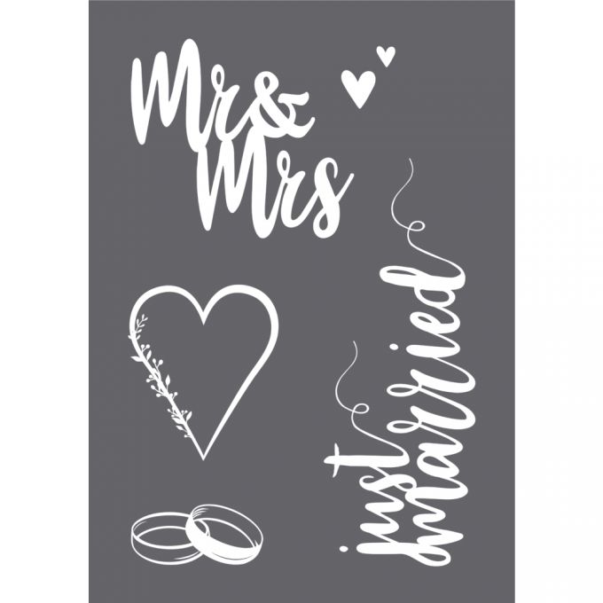 Grafik mit Hochzeitsmotiven. Texte wie 'Mr & Mrs', 'just married' und zwei Ringe.