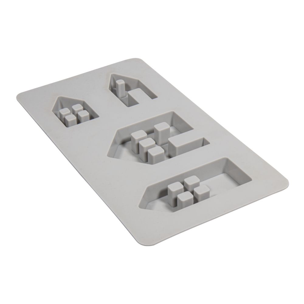 Grauem Silikonform mit verschiedenen geometrischen Formen. Enthält kleine Häuser und Blöcke. Flache, rechteckige Basis.