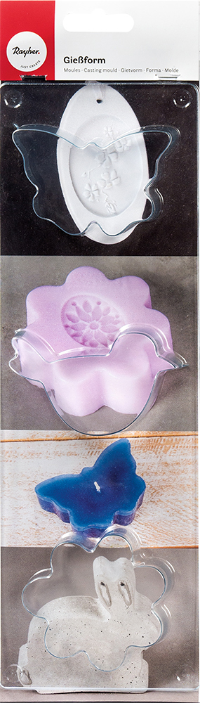 Gießform mit verschiedenen Motiven. Enthält eine Schmetterlingsform, eine Blume und einen Hasen.