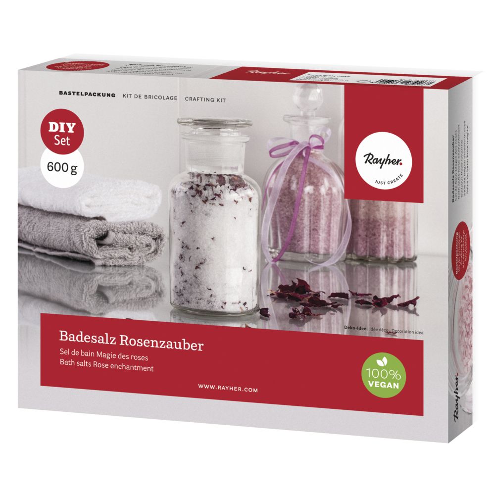 Bastelset für Badesalz mit Rosenblüten. Enthält zwei Glasbehälter und Handtücher.
