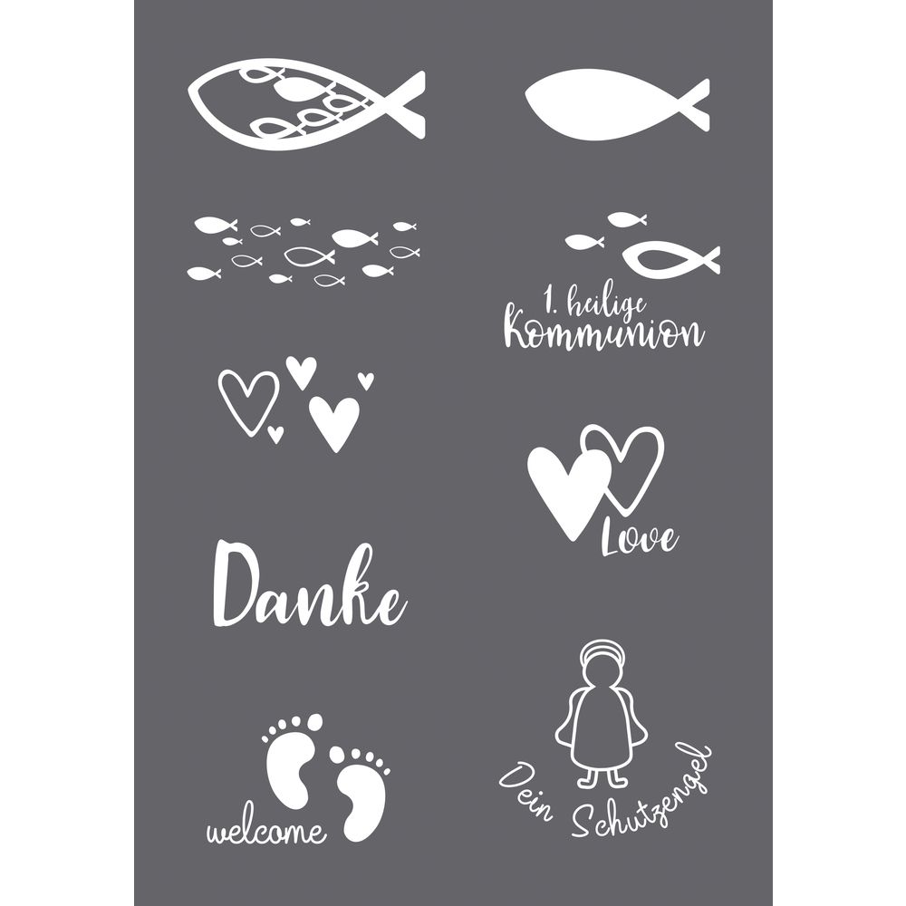 Weißes Design auf grauem Hintergrund. Enthält Fische, Herzen, Fußabdrücke, und eine Figur. Texte: 'Danke', '1. heilige Kommunion', 'Love', 'welcome', 'Dein Schutzengel'.