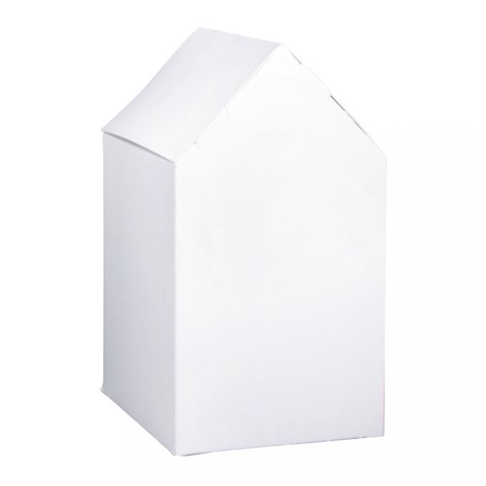 Weiße Verpackung in Form eines Hauses. Schlichte, glatte Oberfläche ohne Aufdruck.