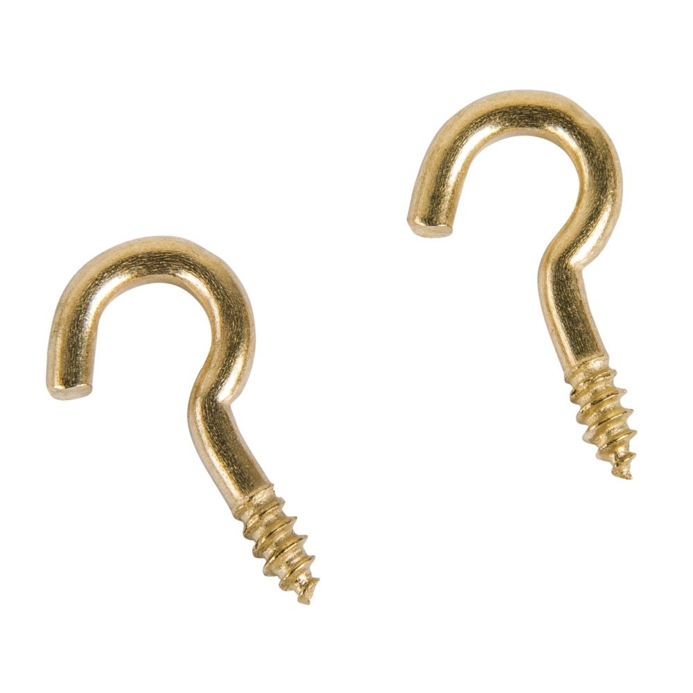 Zwei goldene Haken mit Schraubengewinde. Geeignet zum Aufhängen von Gegenständen.