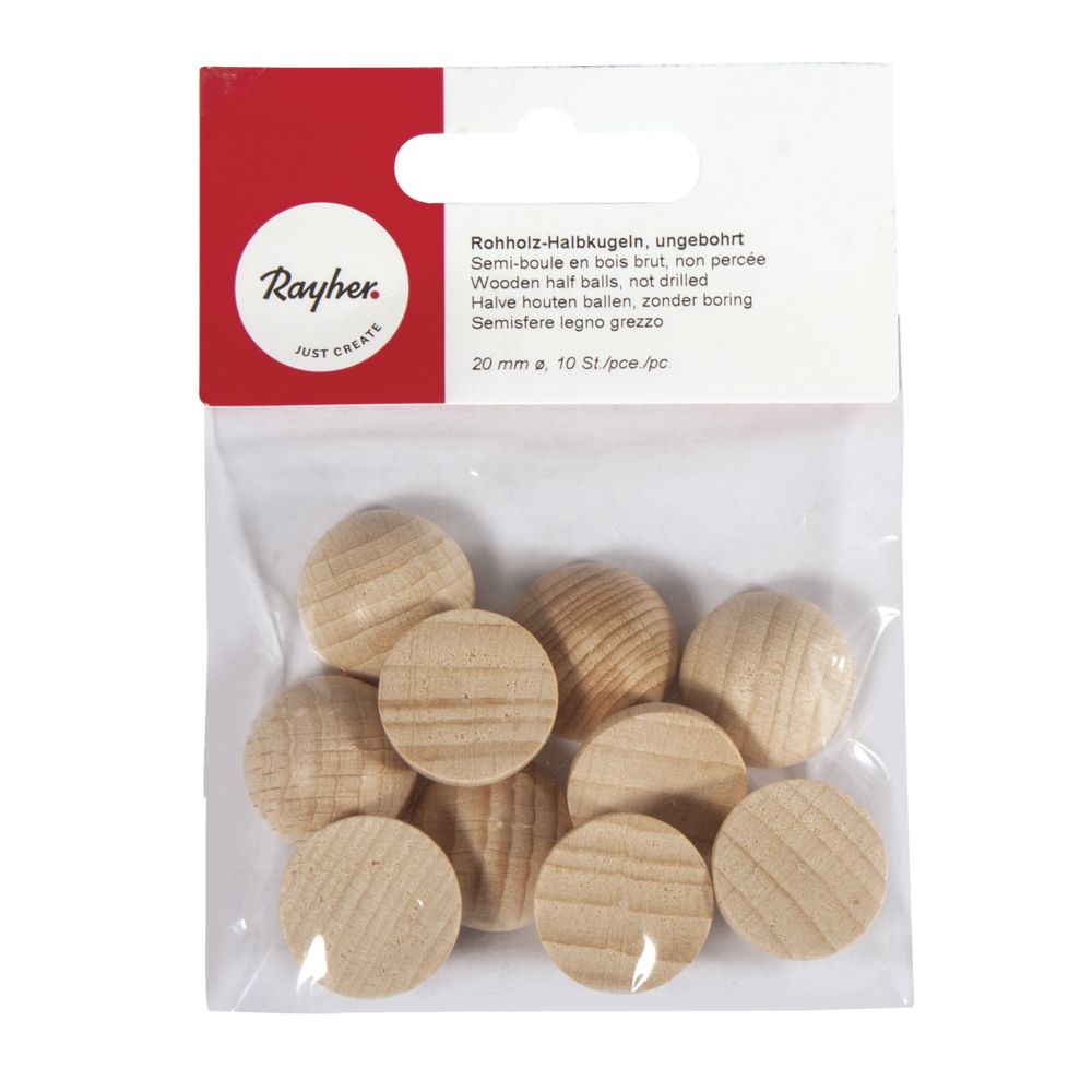 Verpackung mit zehn ungebohrten Holzhalbkugeln. Durchmesser 20 mm. Natürliche Holzfarbe, leicht strukturiert.