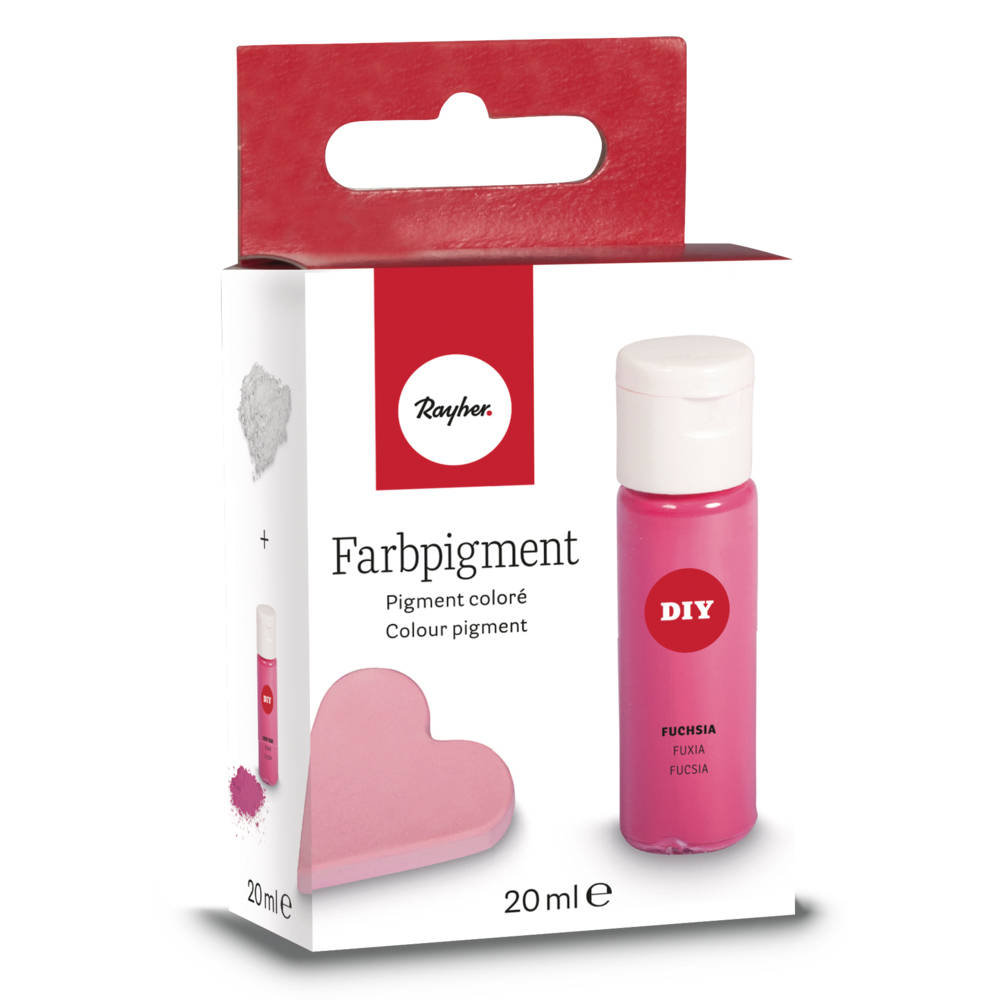 Farbpigment in Fuchsia. Verpackung mit rotem und weißem Design. 20 ml Flasche, geeignet für DIY-Projekte.