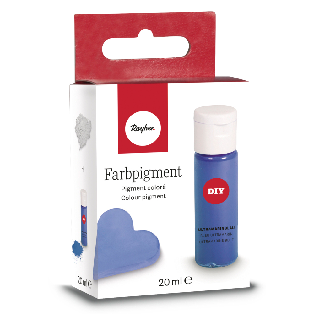 Farbpigment in blauer Flasche. Verpackung mit rotem Design und Herzform.