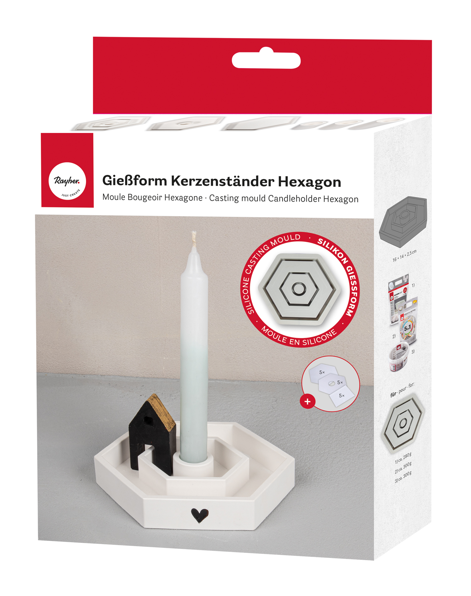 Siliconform für einen hexagonalen Kerzenständer. Farbe: Weiß. Enthält eine schwarze Holzfigur in Form eines Hauses. Kerze in der Mitte. Herzmotiv auf der Basis.