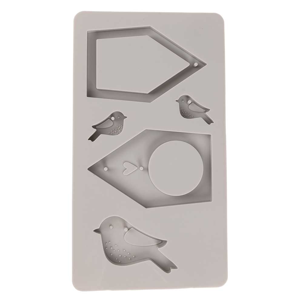 Silikonform mit verschiedenen Motiven. Enthält Vögel und Etiketten in unterschiedlichen Formen.