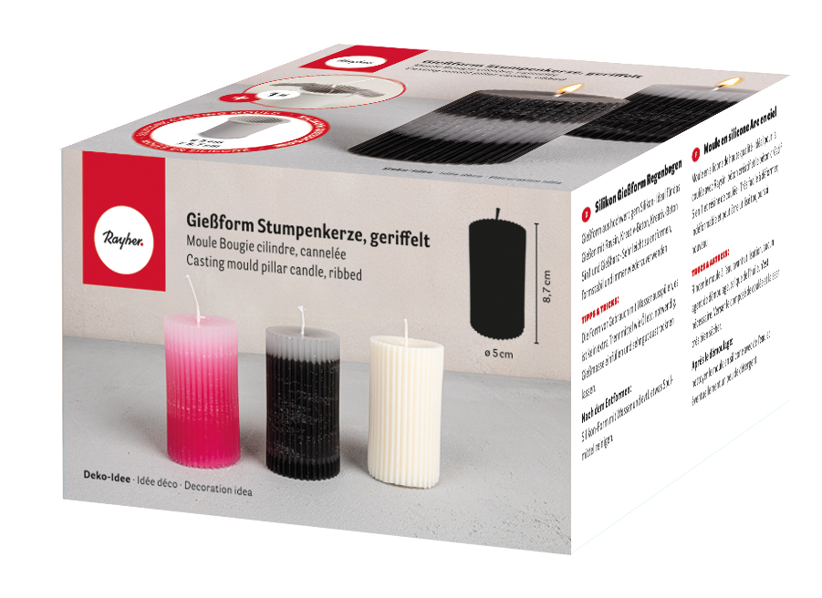 Verpackung für eine Gießform für Stumpenkerzen. Drei Kerzen in verschiedenen Farben sind abgebildet.