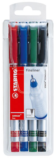 Set von vier Finelinern in den Farben Rot, Blau, Grün und Schwarz. Verpackt in durchsichtiger Kunststoffhülle. Spitze ist fein.