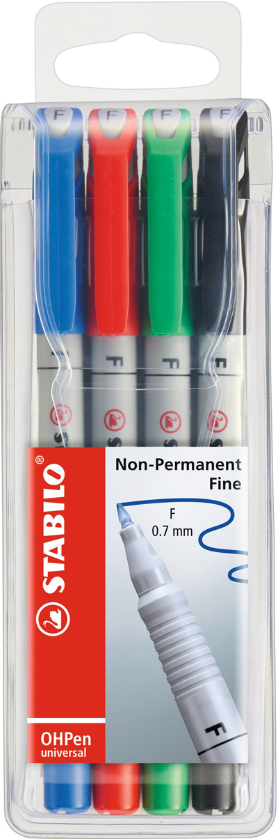Set von vier Filzstiften in den Farben Blau, Rot, Grün und Schwarz. Die Stifte haben eine feine Spitze von 0,7 mm.