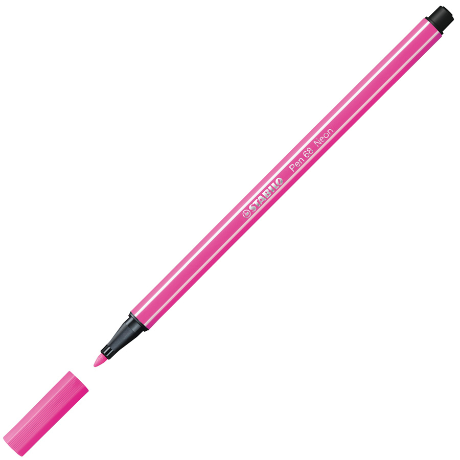 pinkfarbener Filzstift mit schwarzem Deckel. Die Spitze ist fein und spitz. Auf dem Stift steht 'STABILO Pen 68 Neon'.