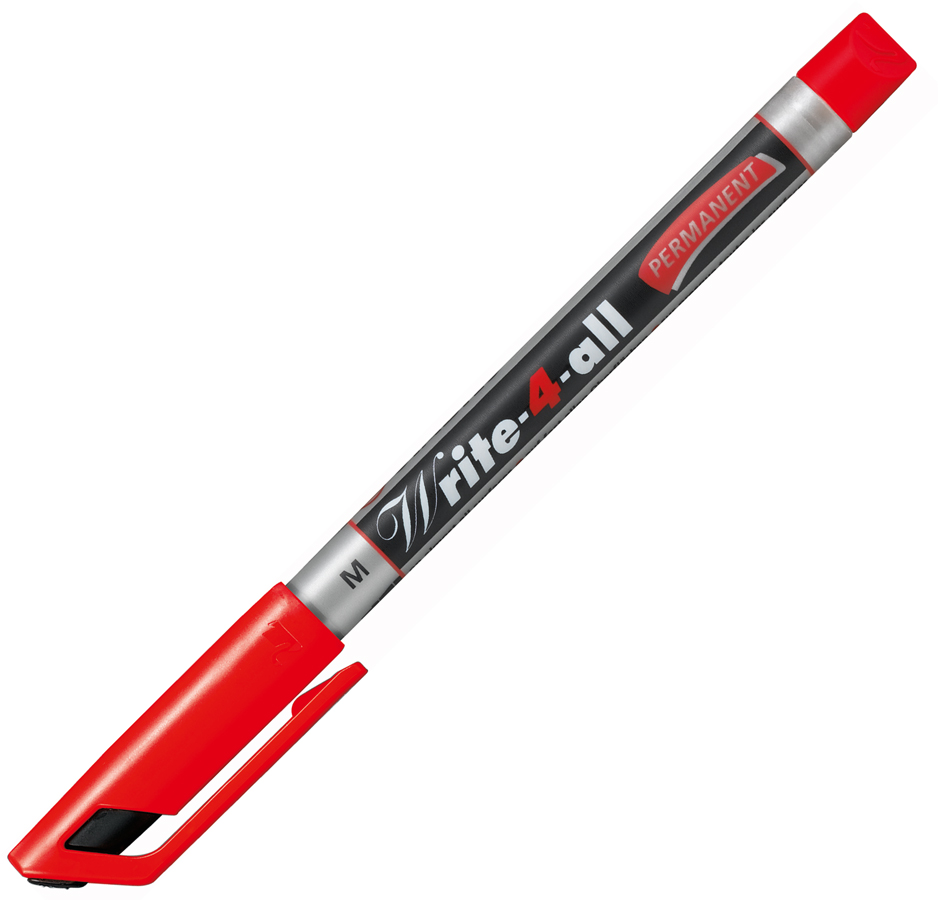 roter Permanentmarker mit mittlerer Spitze. Der Stift hat eine schwarze Beschriftung und eine Kappe.