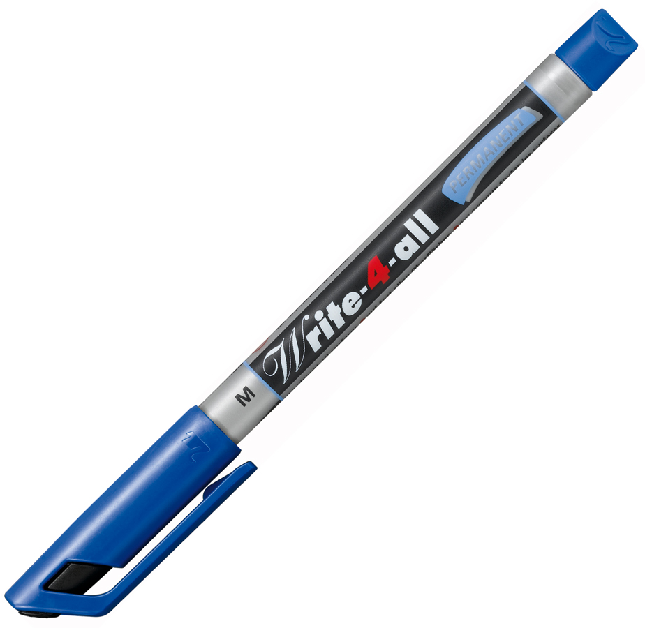 blauer Permanentmarker mit mittlerer Spitze. Der Körper ist silberfarben mit schwarzer Schrift.